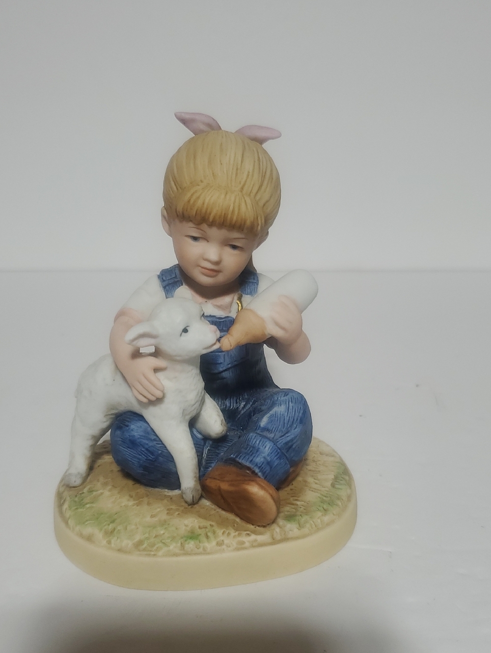 Vtg Homco Denim Days Girl Feeding Lamb Figurine - White, Blue & Tan